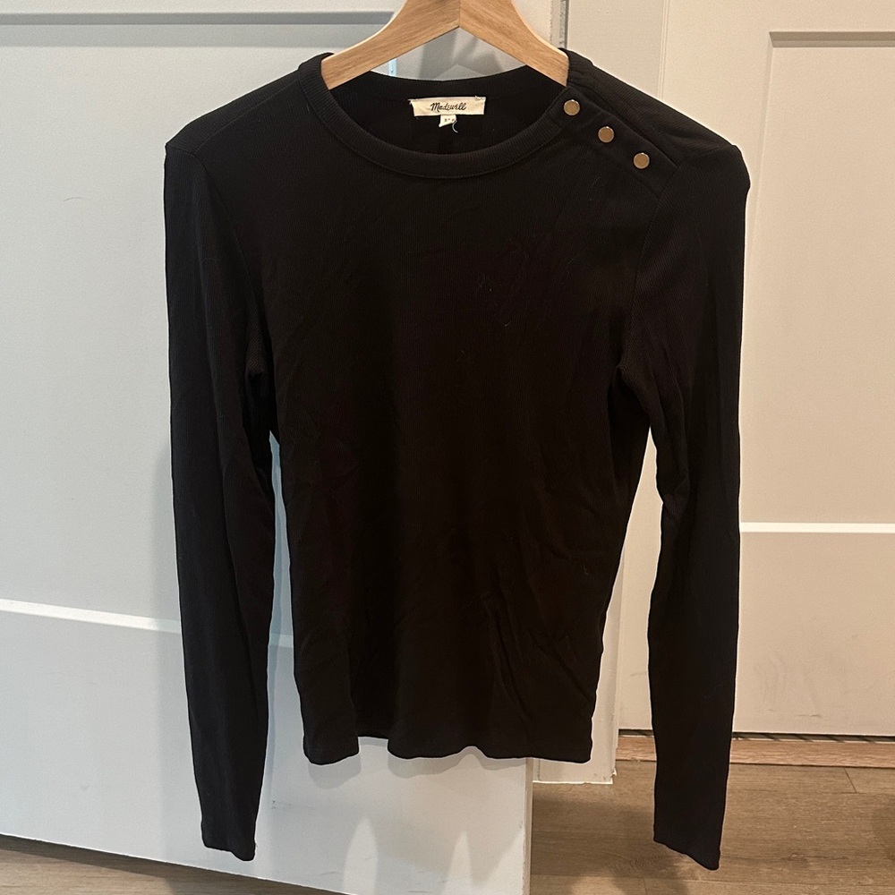 Chocolate Brown Long-Sleeve Crewneck Top with Shoulder Snap Detail